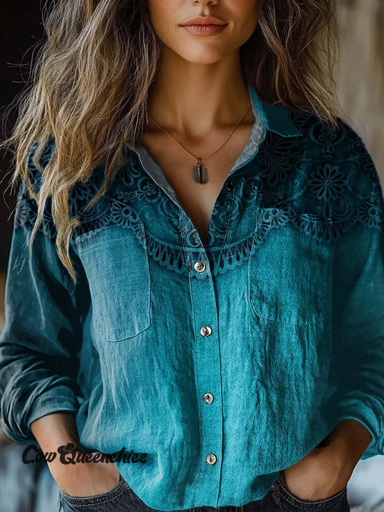 Women&rsquo;s Retro Gradient Blue Flowers Print Casual Long Sleeve Comfortable Cotton Shirt Multicolor / S