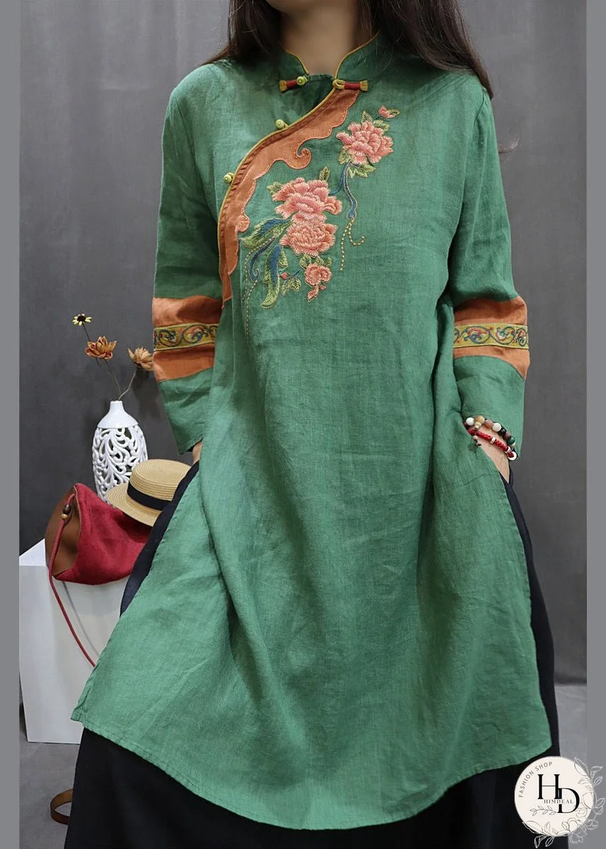 Vintage Green Stand Collar Embroidered Linen Holiday Dress Spring