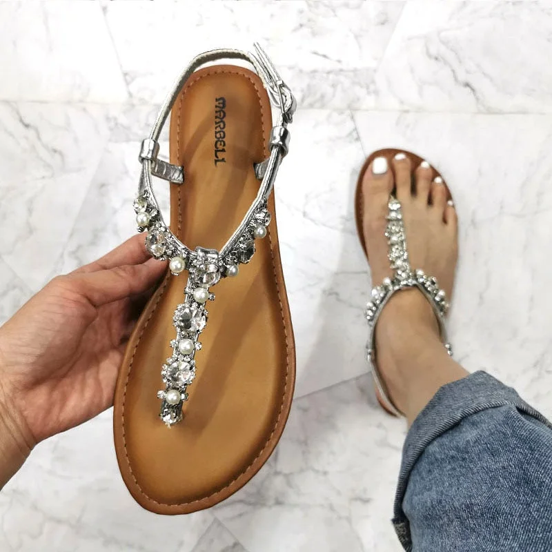 2023 New Summer Sandals for Women Fashion Design Outside Beach Shoes Woman Pearl Diamond Back Strap Flat Sandal Large Size 42