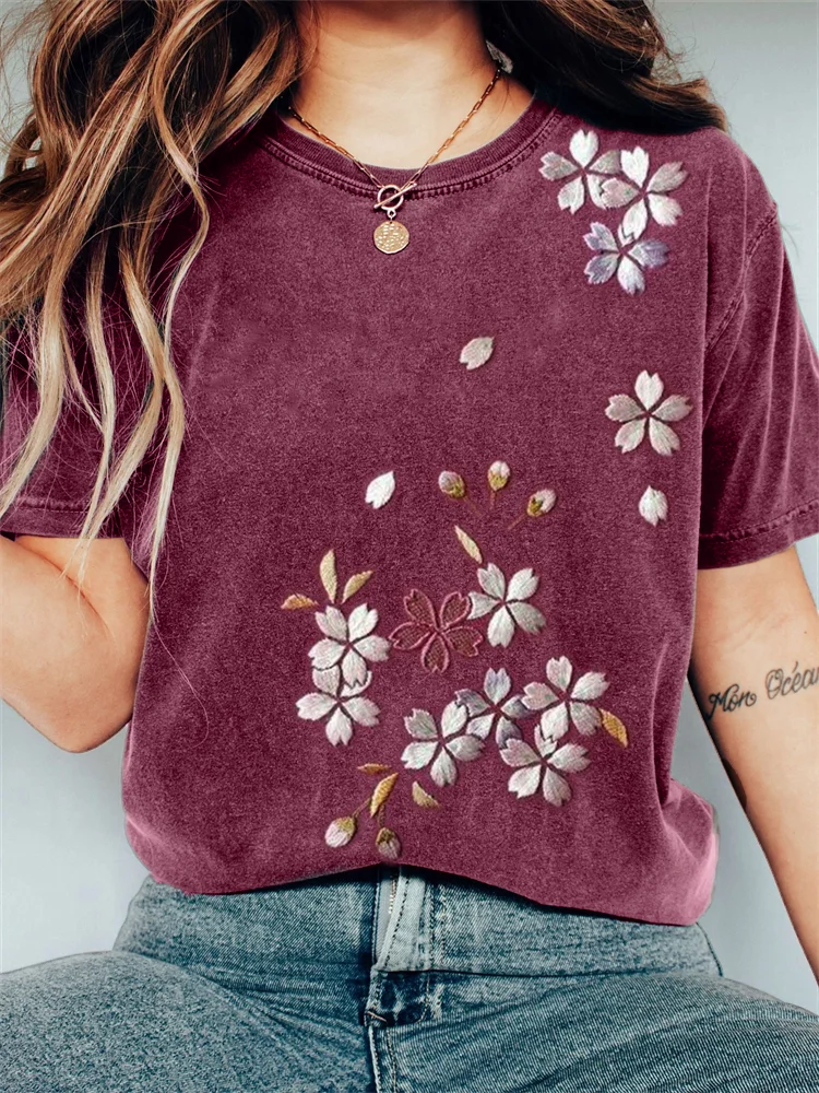 Comstylish Classy Cherry Blossom Japanese Embroidery Vintage Washed T Shirt