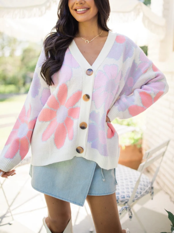 Floral V-Neck Long-Sleeved Cardigan