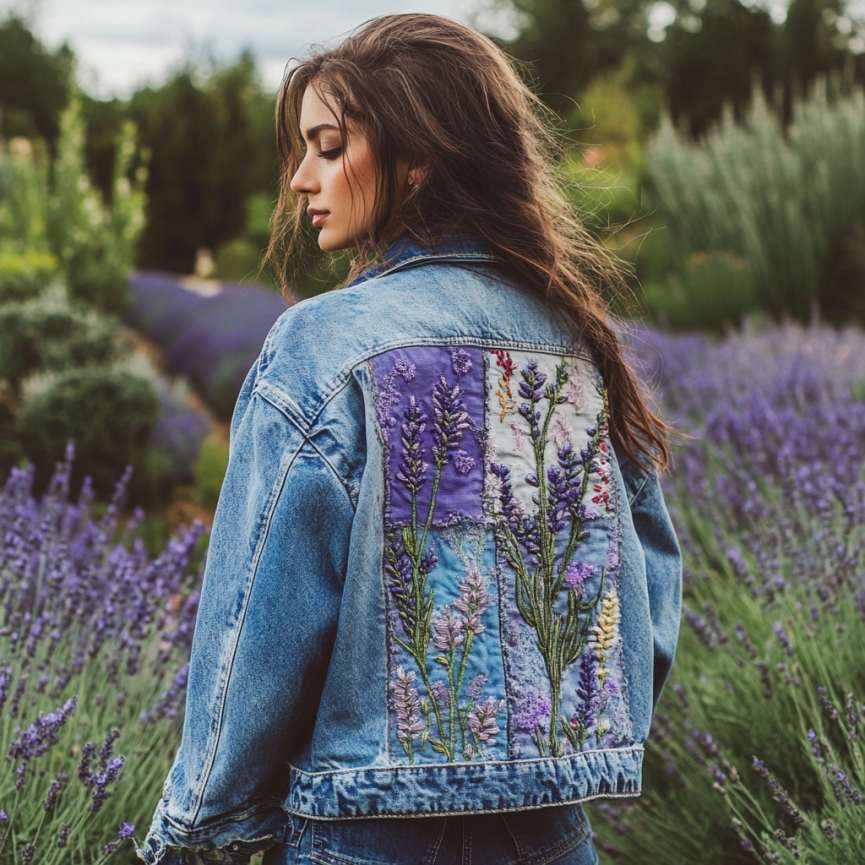 Comstylish Women's Purple Flowers Geometric Embroidery Art Denim Jacket