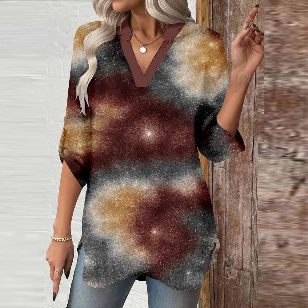 Women Glitter,Brown DZGA0032 3/4 Sleeve V-neck Printed Graphic Button Tops