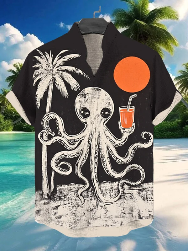 Men's Octopus Drinks Juice Print Vacation Shirt
