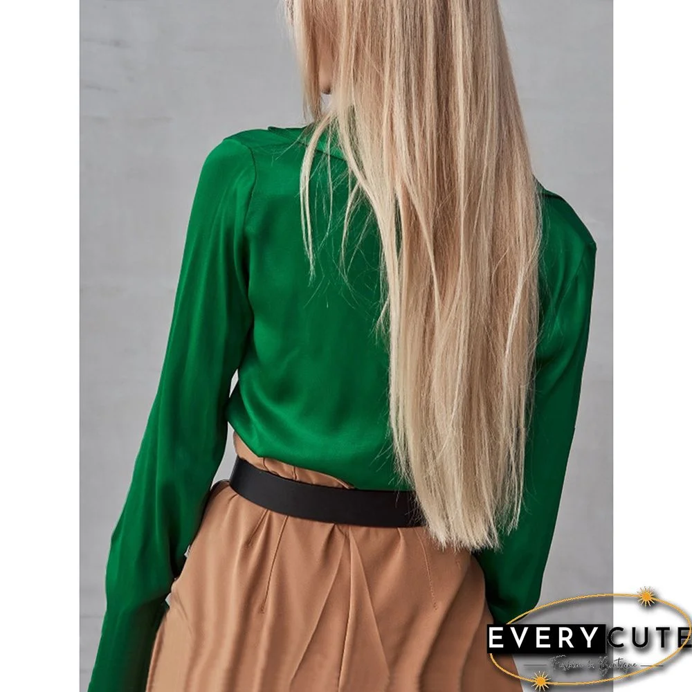Green Pleated Button Long Sleeve Shirt