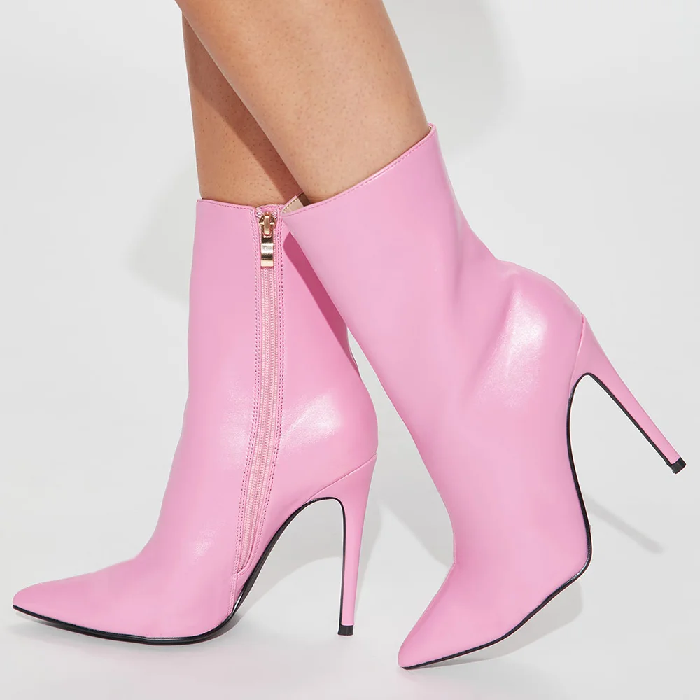 Pink Leather Nude Boots Stiletto Pointed Toe Pumps Nicepairs