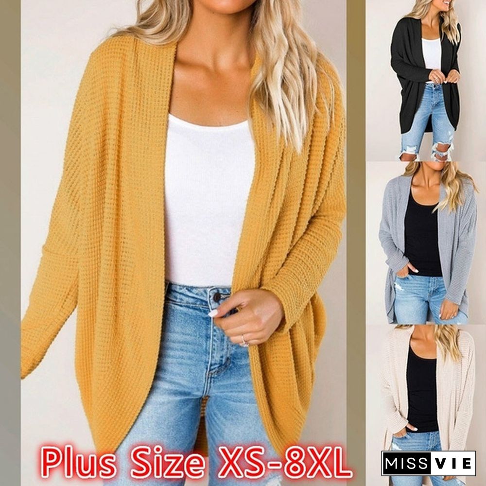 Women Loose Casual Long Sleeve Pure Color Plus Size V Neck Coat Autumn Cardigan Sweater Coat Plus Size XS-8XL