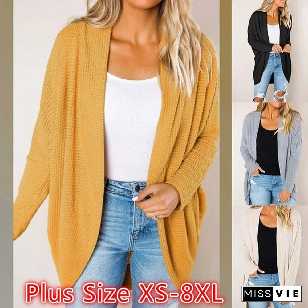 Women Loose Casual Long Sleeve Pure Color Plus Size V Neck Coat Autumn Cardigan Sweater Coat Plus Size XS-8XL