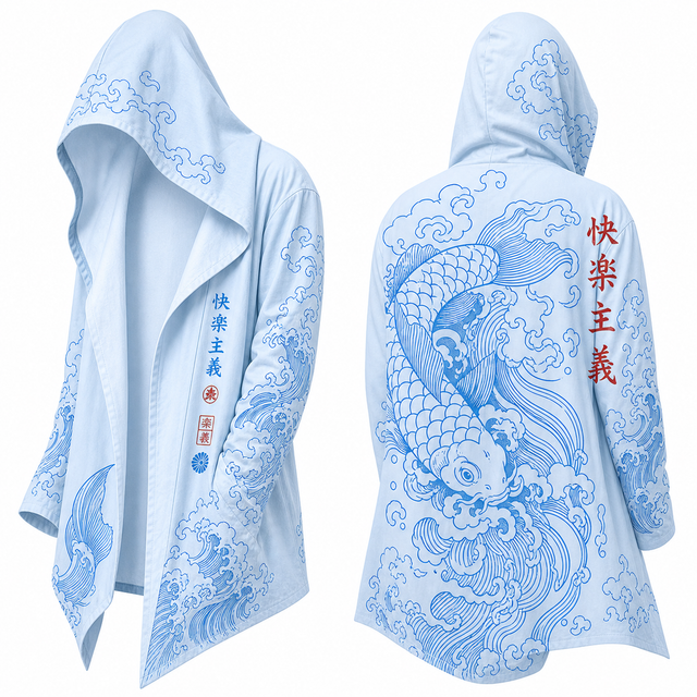 Techwear Japanese Koi Wave Hooded Cloak Jacket