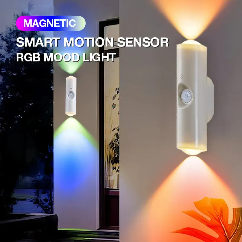 RGB motion sensor light displaying colorful and white lighting modes
