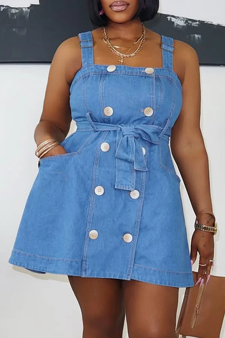 Plus Size Vacation Blue Casual Square Neck Pocket Button Denim Mini Dresses [Pre-Order] 2024 - Xpluswear
