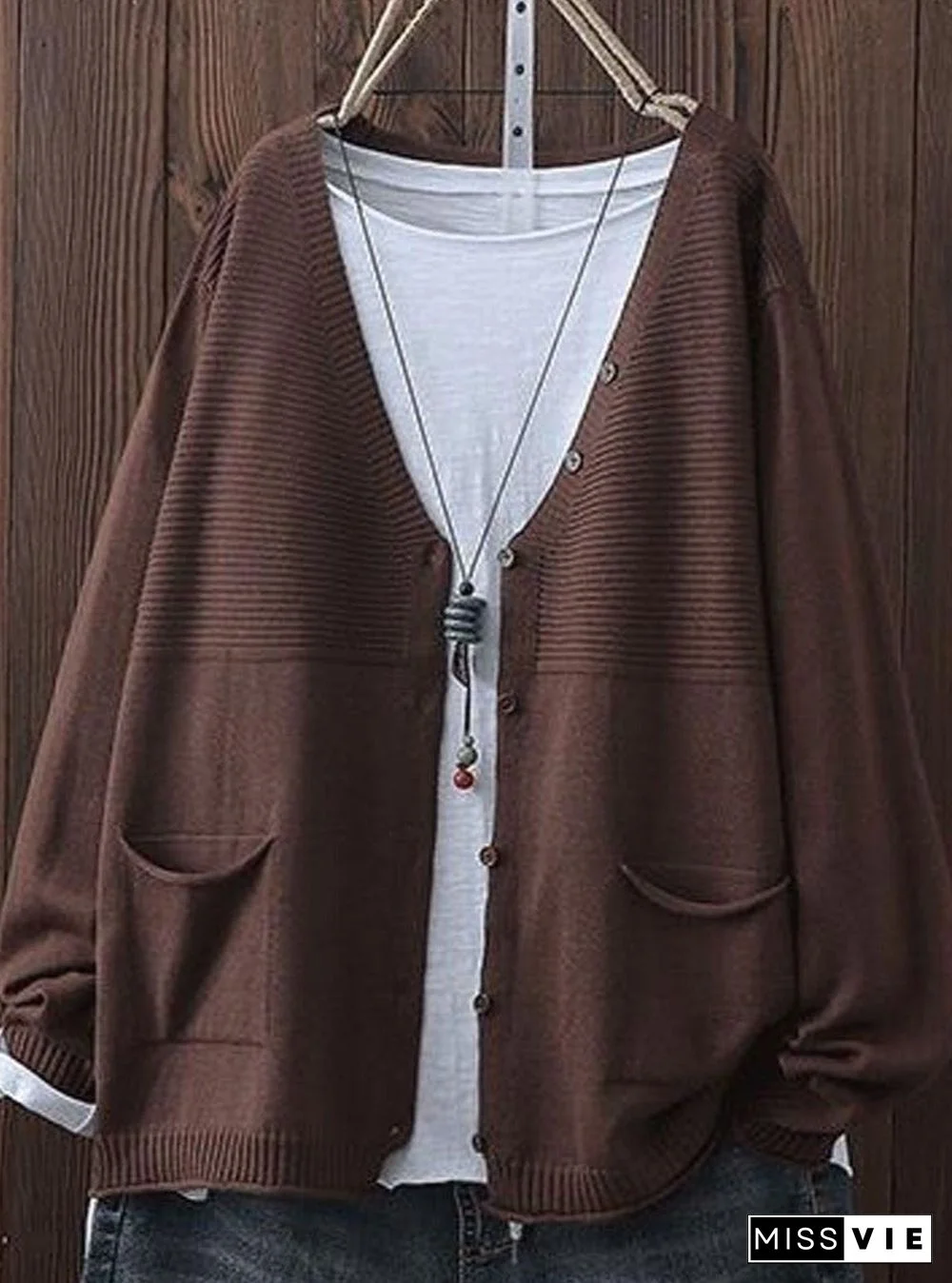 Solid Color Double Pocket Casual Knitted Cardigan