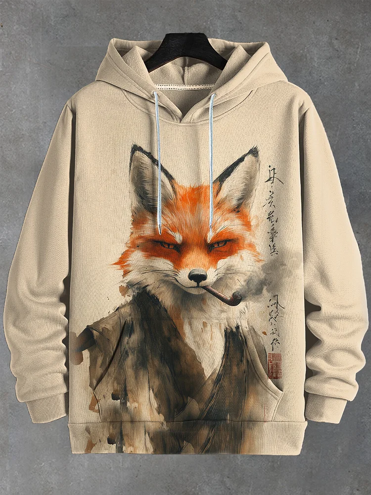 Men's Cool Cigar Fox Warrior Ink Painting Print Hooded Sweatshirt