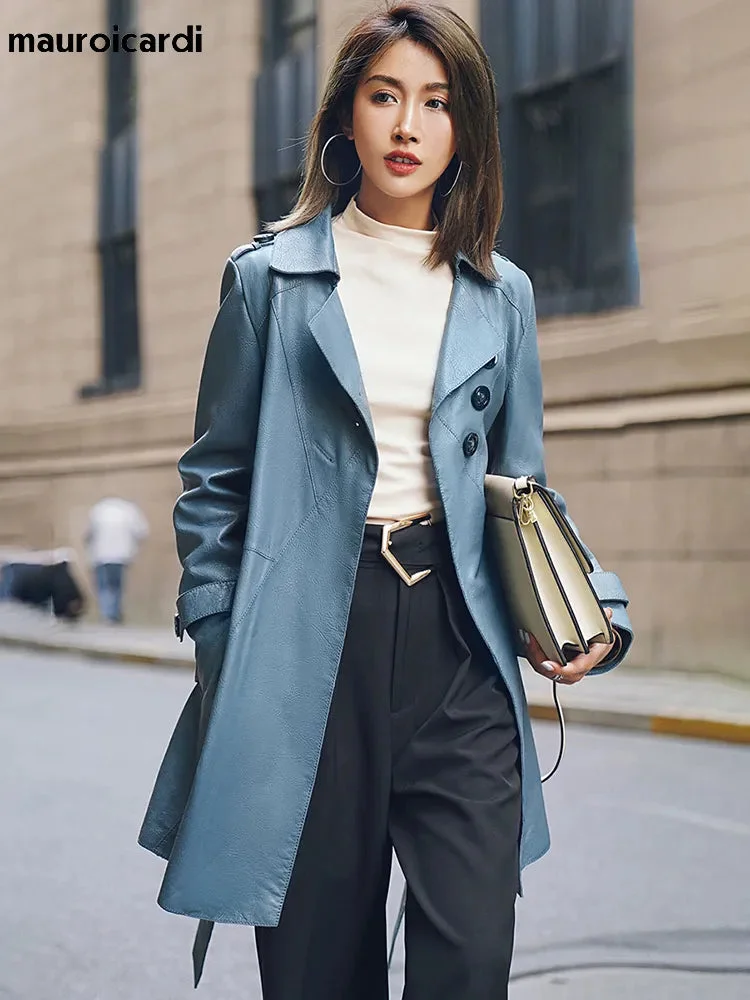 Huiketi Spring Autumn Classy Blue Faux Leather Trench Coat for Women Belt Elegant Luxury Designer Clothes Runway Fashion 2023