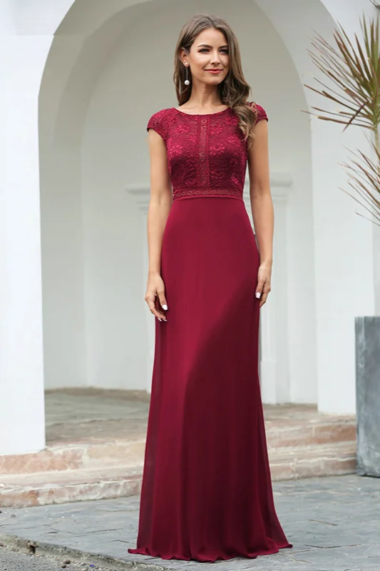 burgundy cap sleeve long prom dress