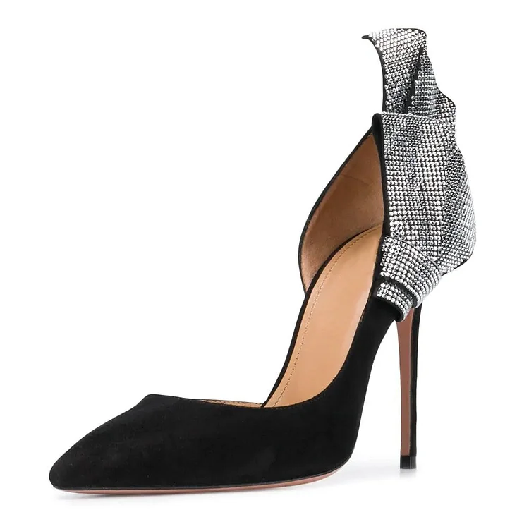 Black Vegan Suede Rhinestones d'Orsay Stiletto Heels Pumps |FSJ Shoes