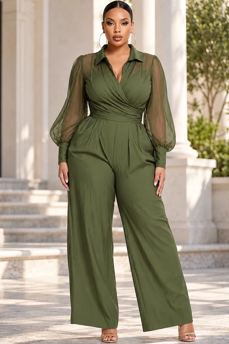 Xpluswear Design Plus Size Business Casual Green Wrap Neck Long Sleeve See Through Jumpsuits [Pre-Order] 2024 - Xpluswear