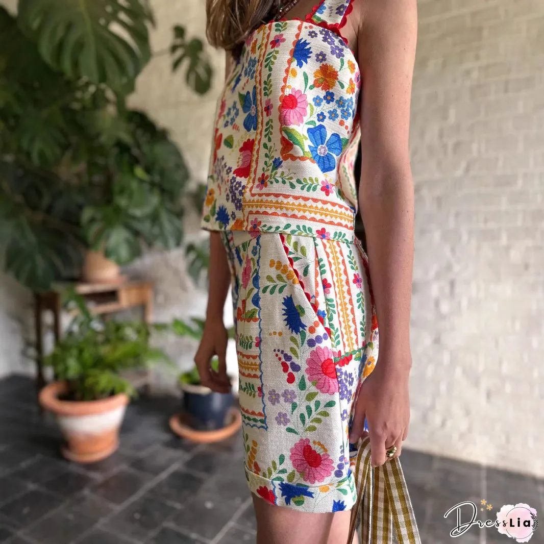 Vintage Floral Print Off Shoulder Crop Top Shorts Suit