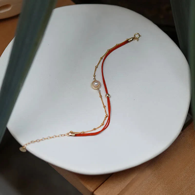 14K Gold Plated Pearl Bead Double Layer Luck Red String Bracelet