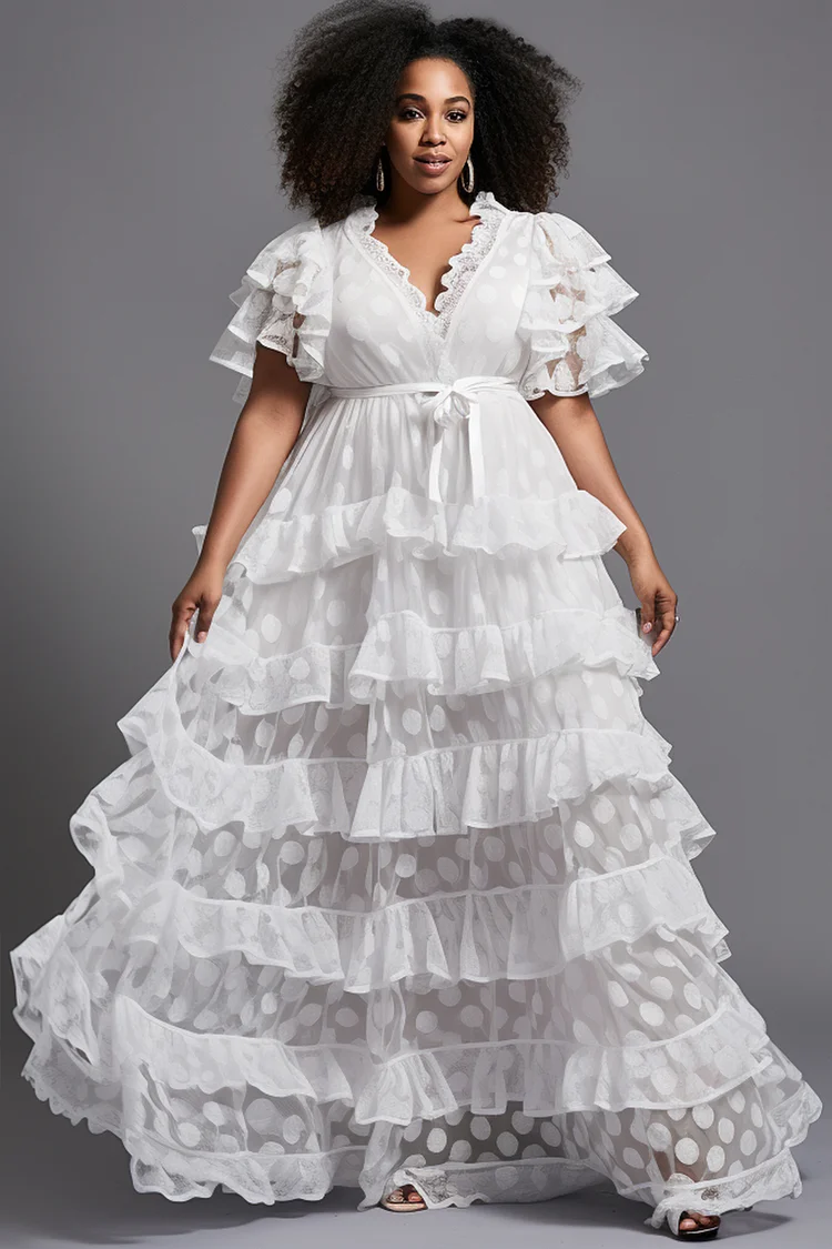 Xpluswear Design Plus Size Daily White V Neck Flare Short Sleeve Ruffle Tiered Maxi Dresses 