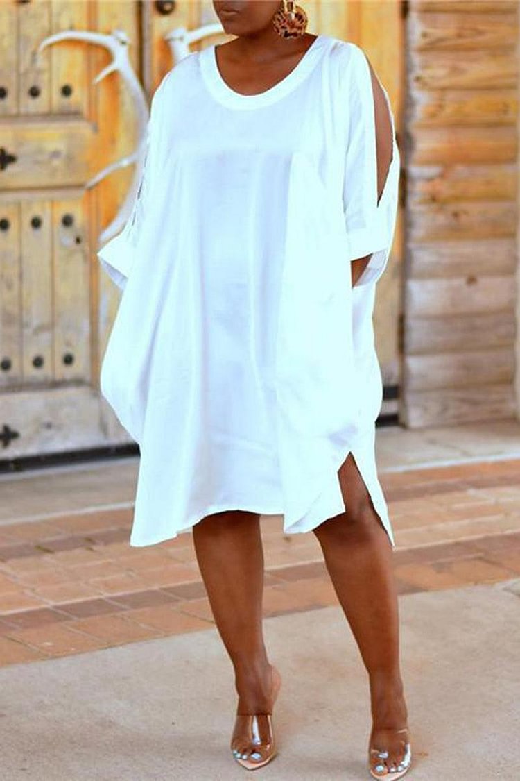 Xpluswear Plus Size White Solid Casual Round Neck Shirt With Pockets Mini Dresses