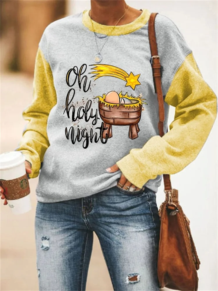 Wearshes Oh Holy Night Print Colorblock Casual Sweatshirt