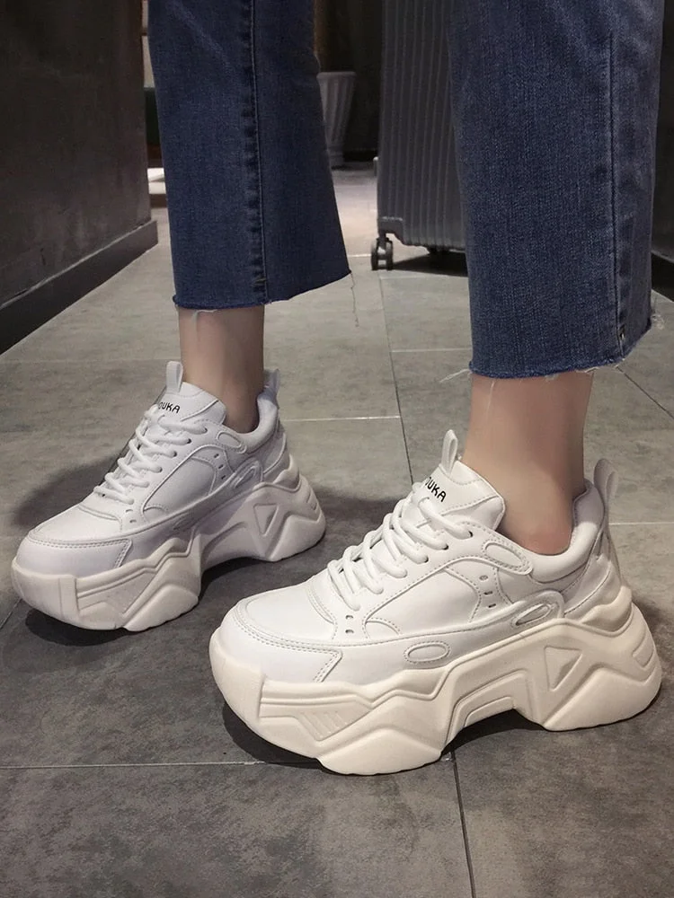  Women Platform Sneakers Leather Casual Ladies Chunky Shoes 2022 White Woman High Black Fashion Brand Thick Soled Wedge Sneakers