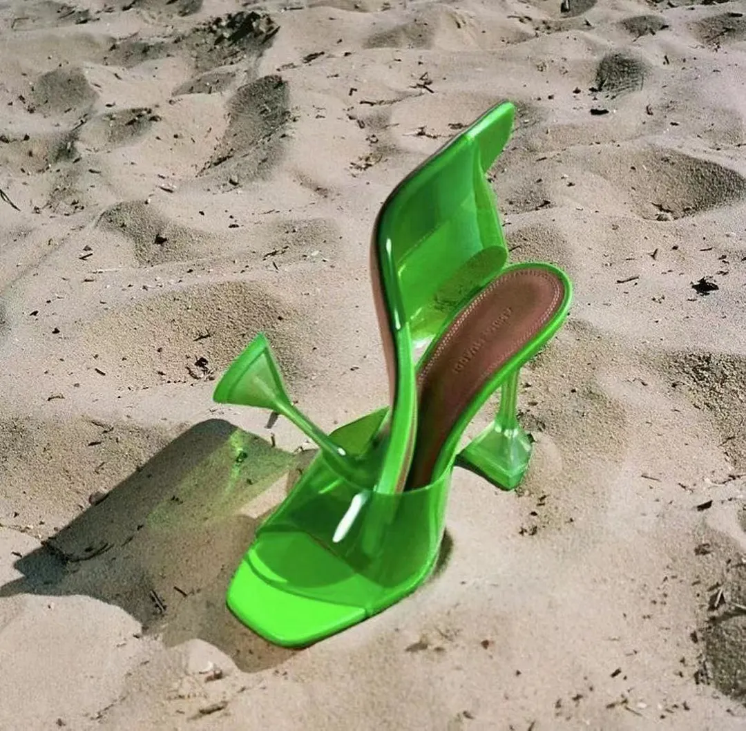 Transparent crystal heel slippers women's summer new fashion wine glass heel square toe fashion sandals Large size