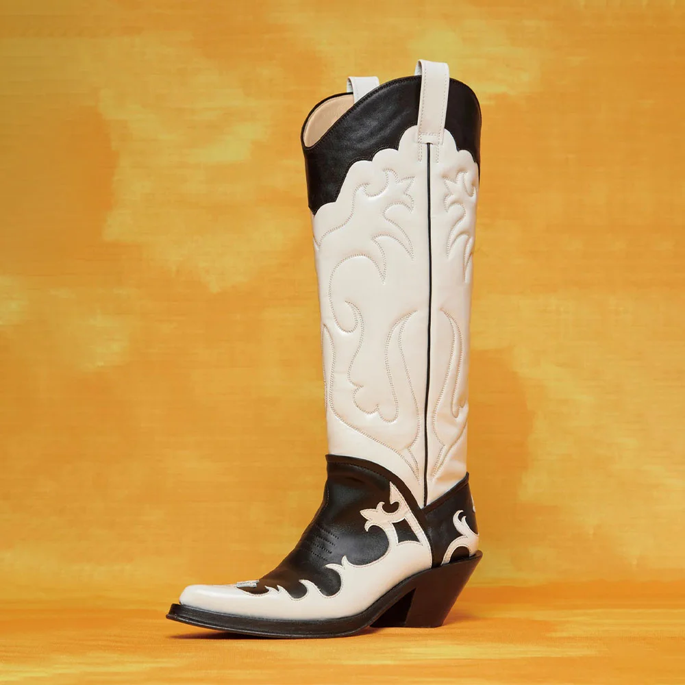 Black & White Chunky Heel Pull On Stitching Women's Western Boots