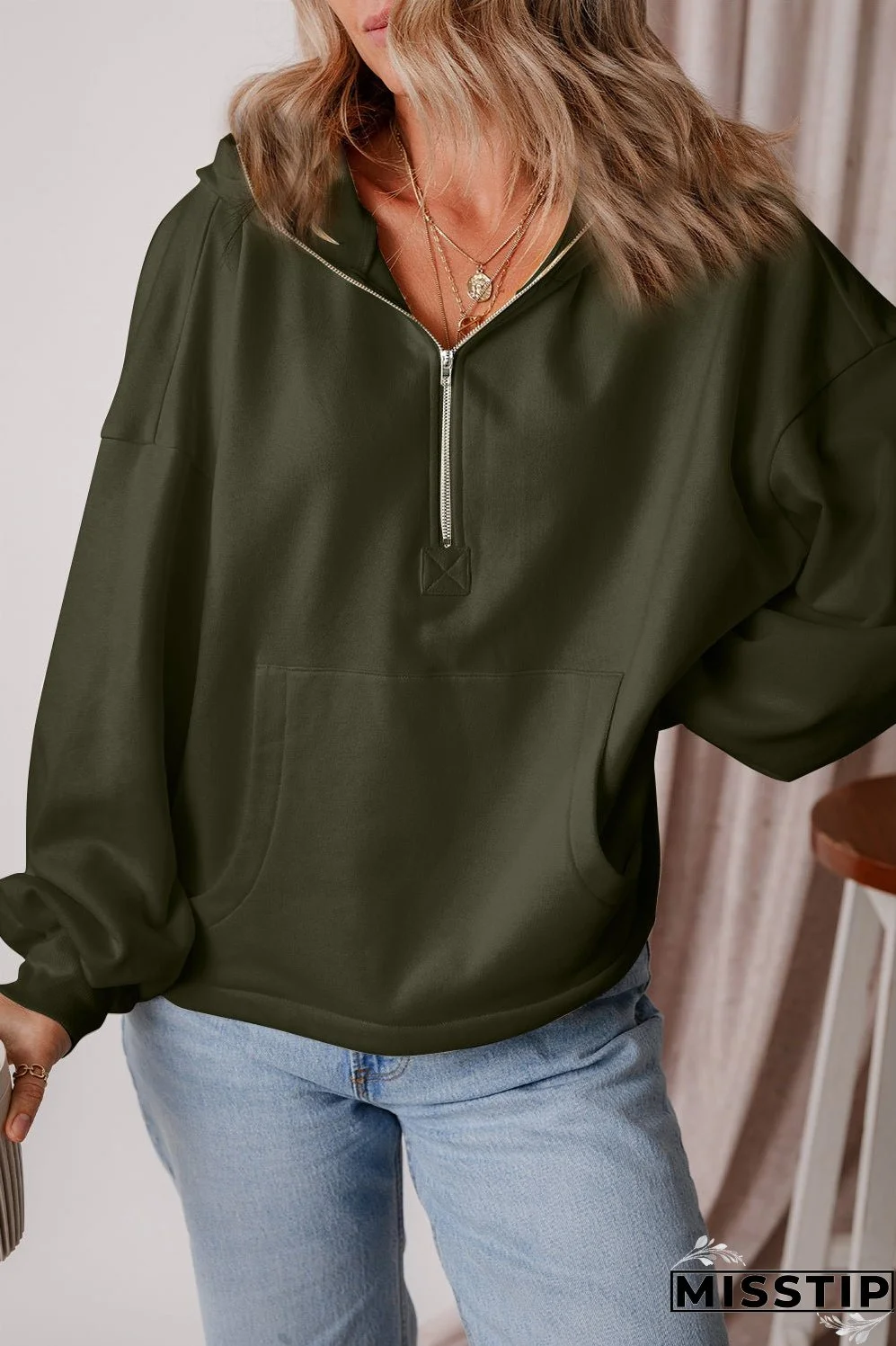 Pocketed Half Zip Dropped Shoulder Hoodie