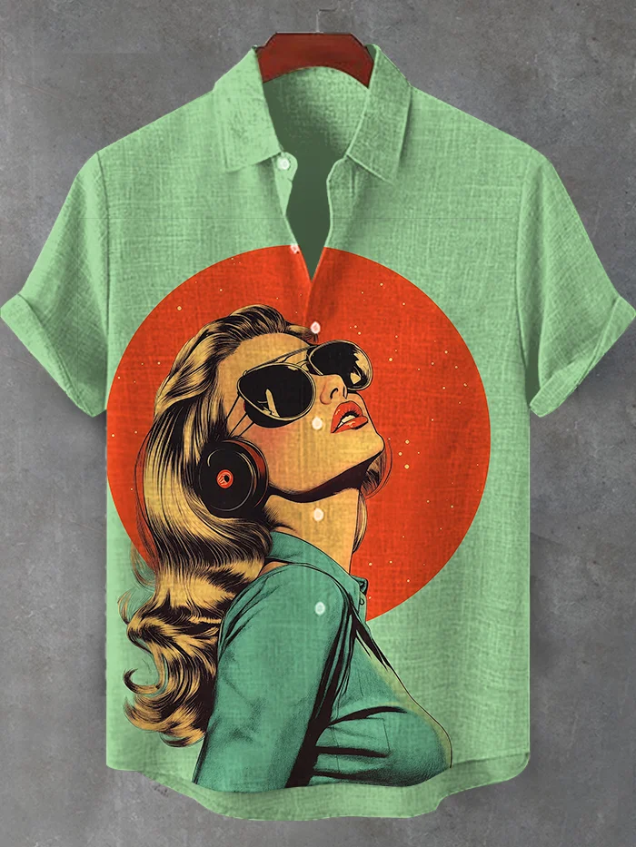Men's Girl With Record Earrings Vintage Art Print Shirt