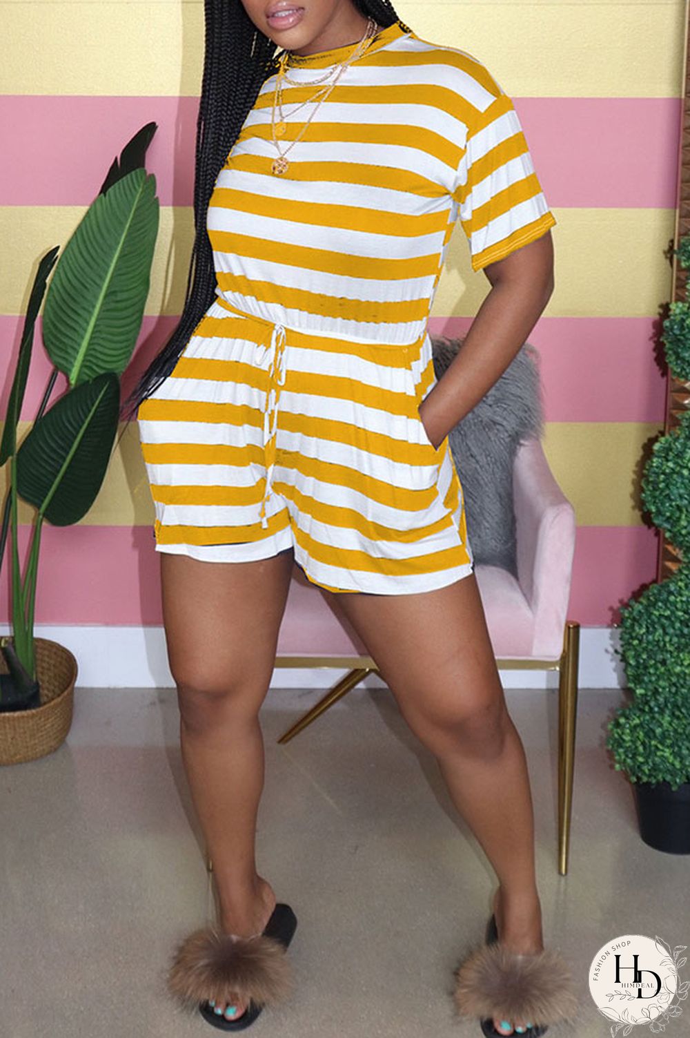 Pink Fashion Casual Striped Polyester Short Sleeve O Neck Jumpsuits