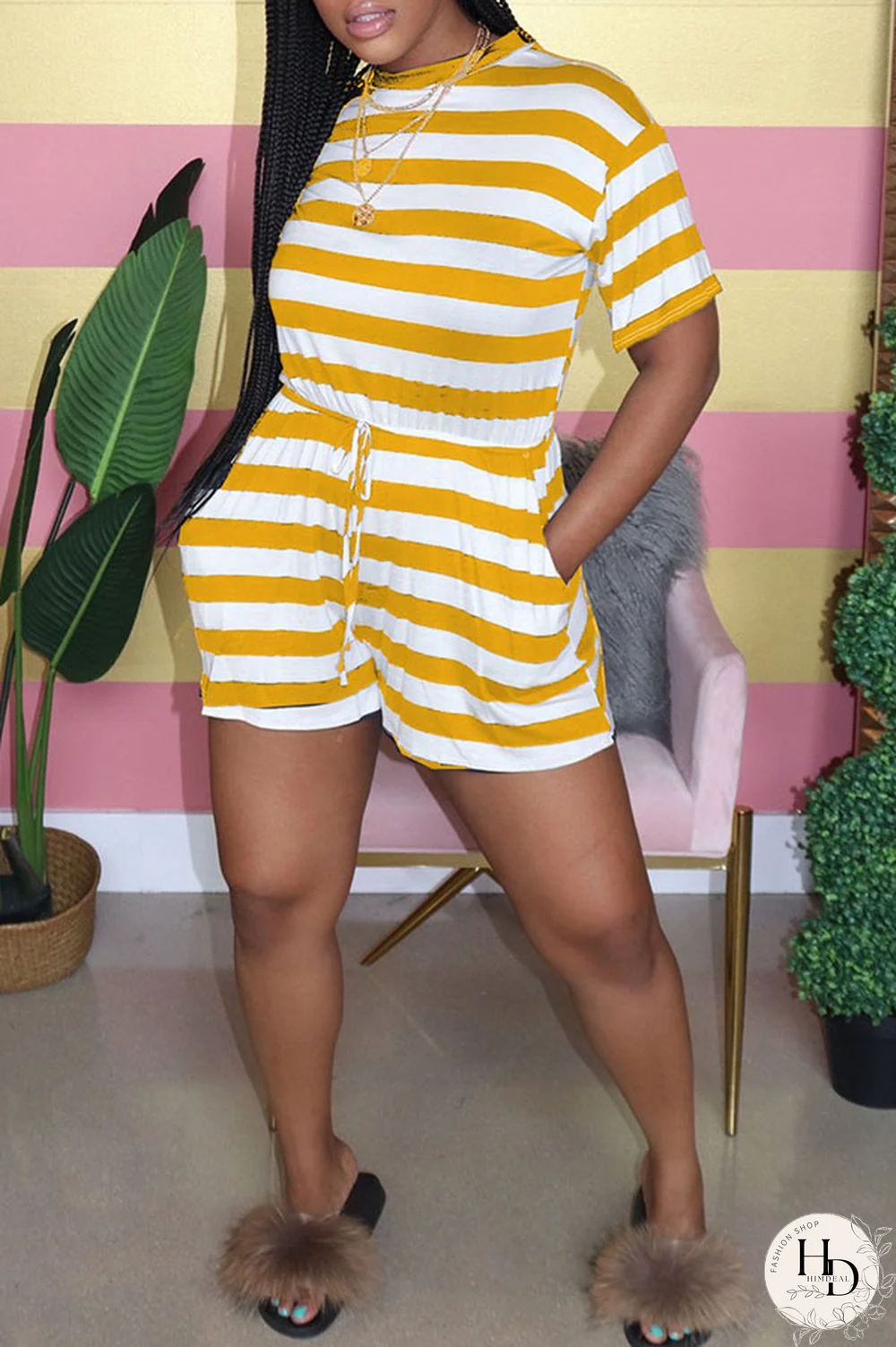 Pink Fashion Casual Striped Polyester Short Sleeve O Neck Jumpsuits