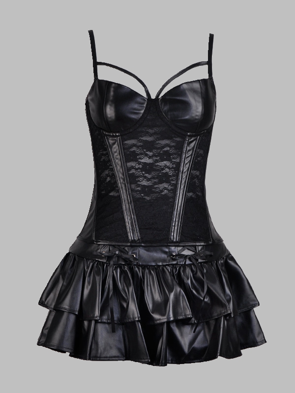 Gothic Dark Lace-up See Through Bandaged PU Tiered Paneled Mini Dress 