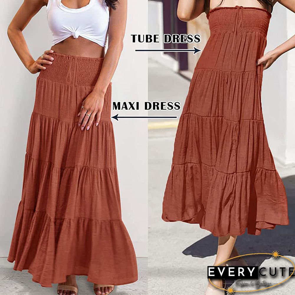 Rust Red Bohemia Pleated High Waist Maxi Skirt