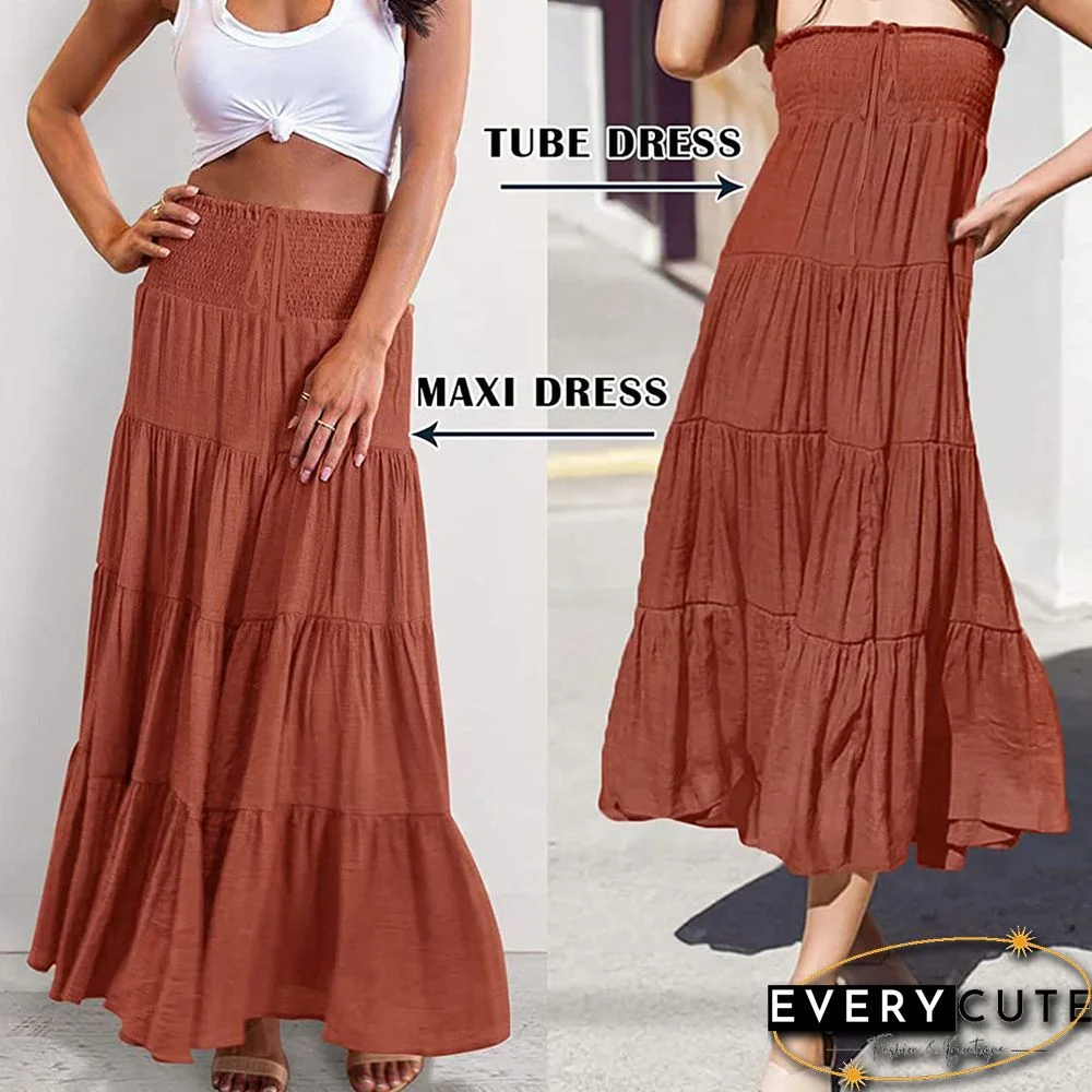 Rust Red Bohemia Pleated High Waist Maxi Skirt