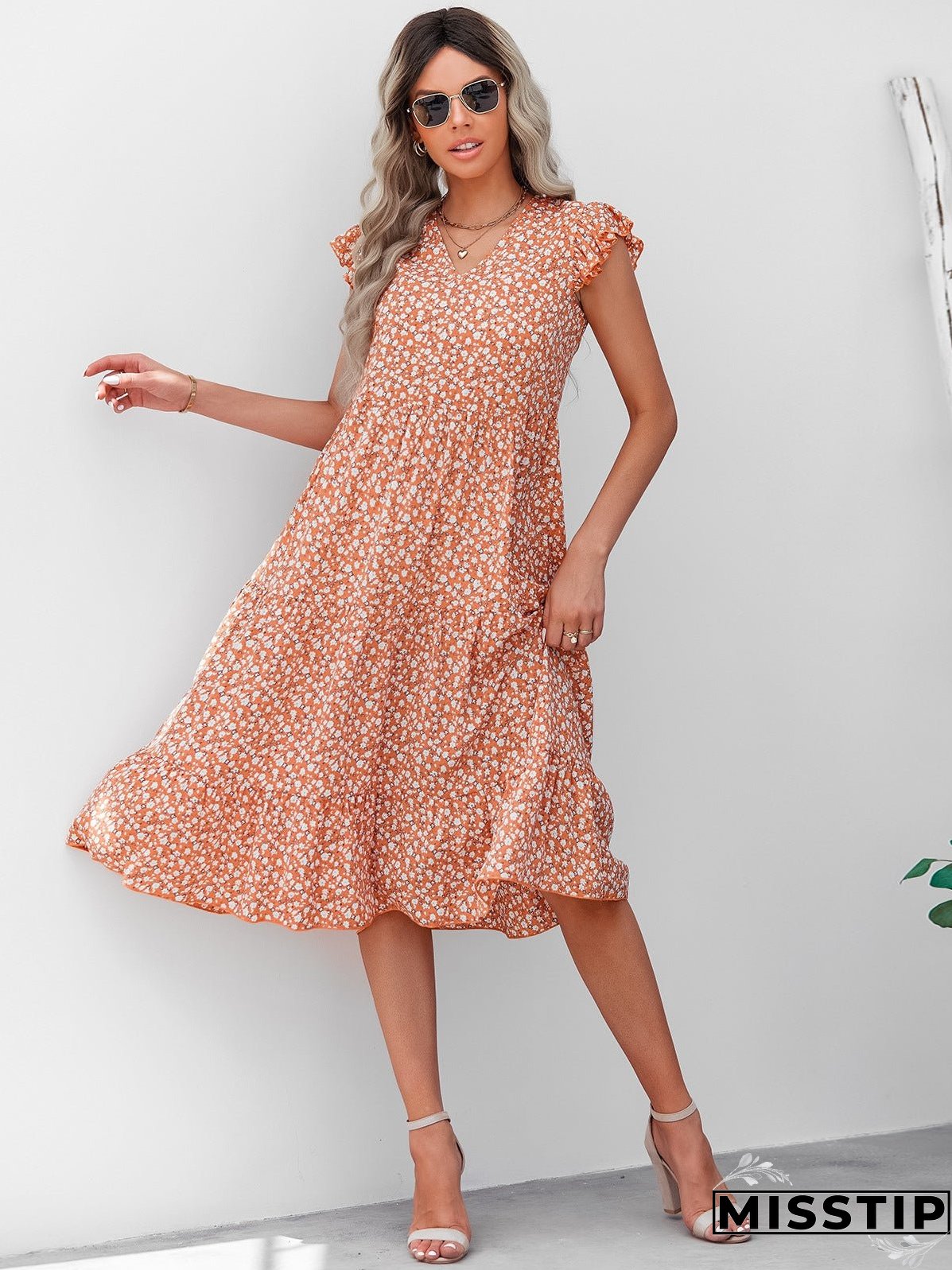 V-neck Fly-sleeve Floral Dress