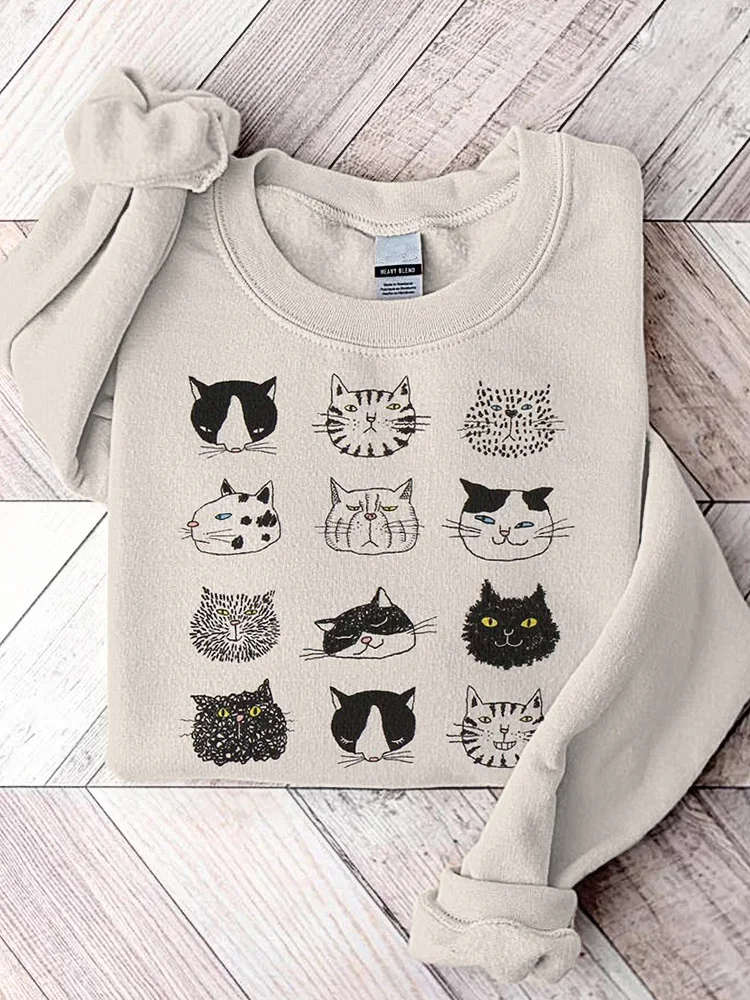 Funny Cat Faces Japanese Art Print Vintage Cozy Sweatshirt