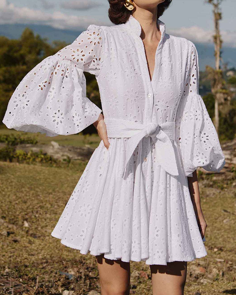 Embroidery High Neck Bell Sleeve Mini Dress