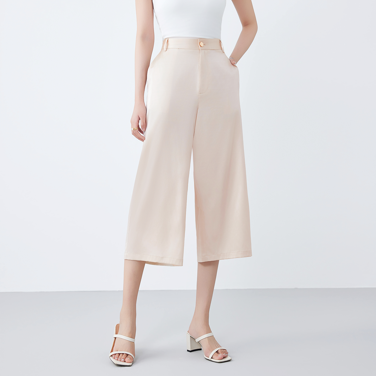 Work Silk Wide Leg Pants with Cropped for Women REAL SILK LIFE