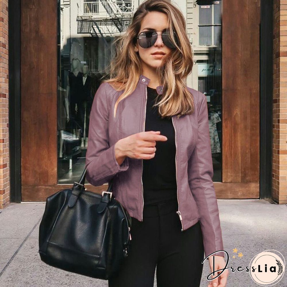 Women Spring Zipper Casual PU Leather Soft Motorcycle Leather Jacket Coat