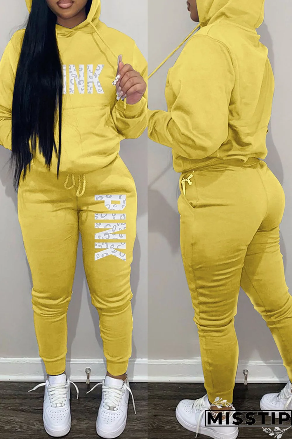 Khaki Fashion Casual Letter Print Basic Hooded Collar Long Sleeve Two Pieces