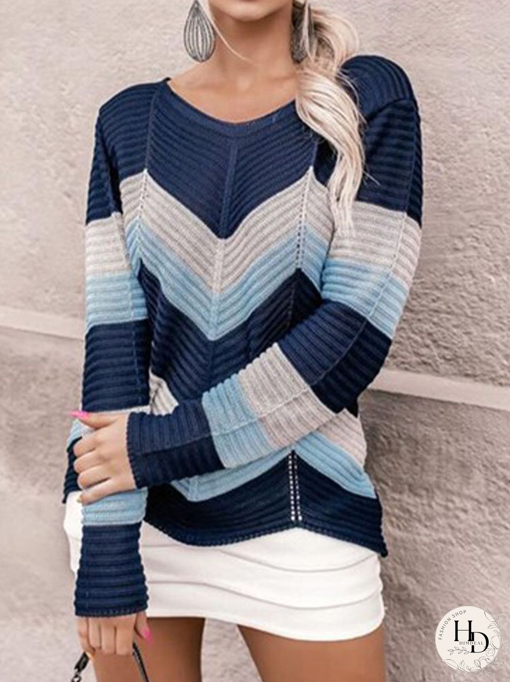 Contrast Color Long Sleeve V-neck Pullover Knit Sweater