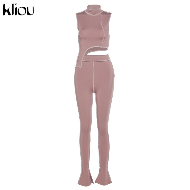Kliou elastic hight fitness tracksuit two piece set women asymmetry outfit turtleneck fashion crop top+pants streetwear clothes