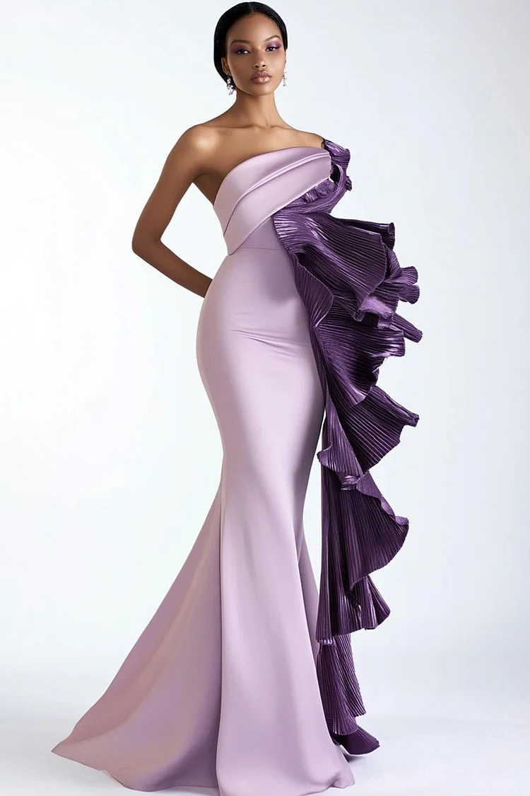 Strapless Pleated Layered Fishtail Maxi Dress-Purple [Custom-Made]