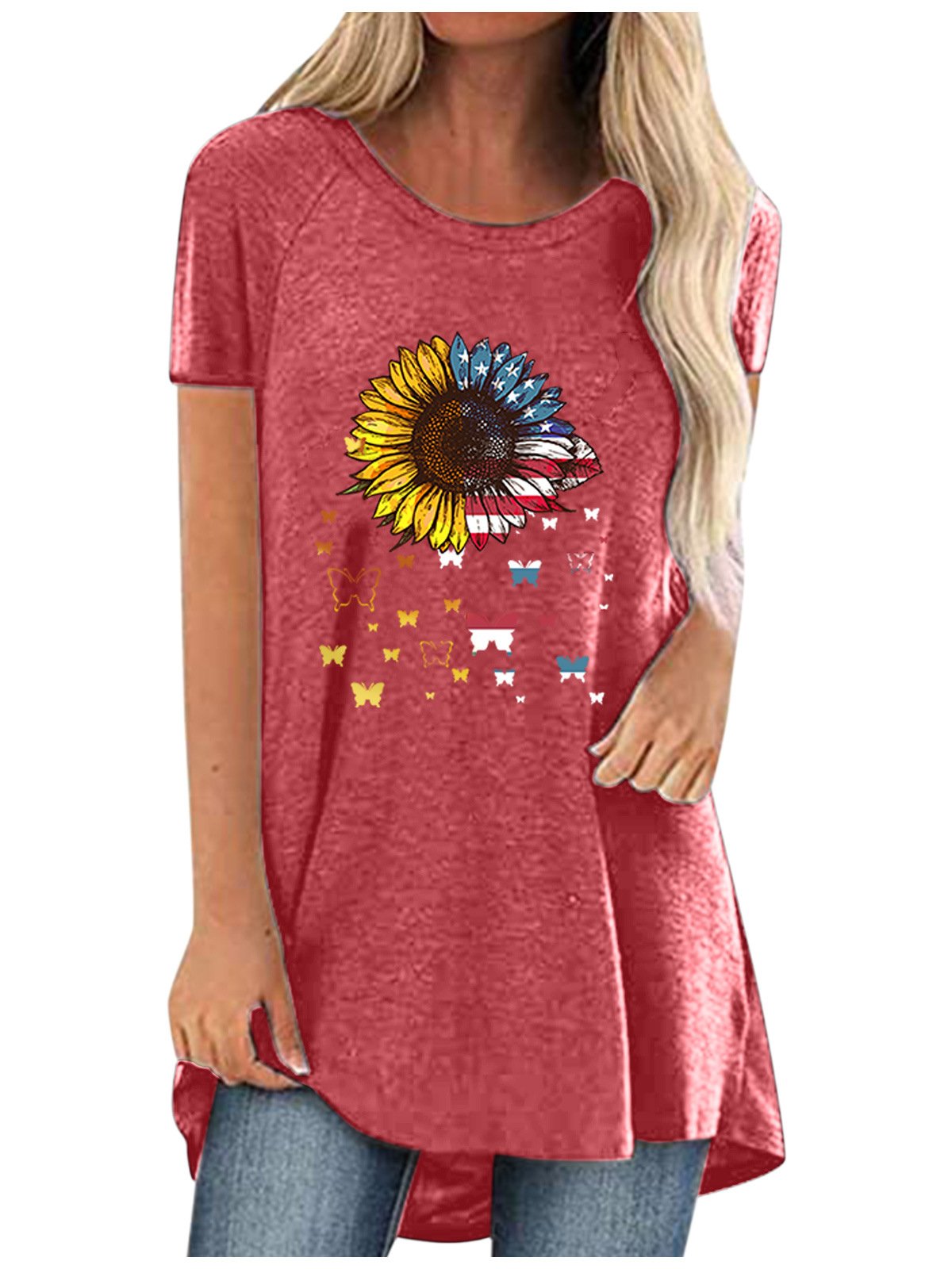 Women Casual Short Sleeve Scoop Neck Sunflower Floral Printed Tops