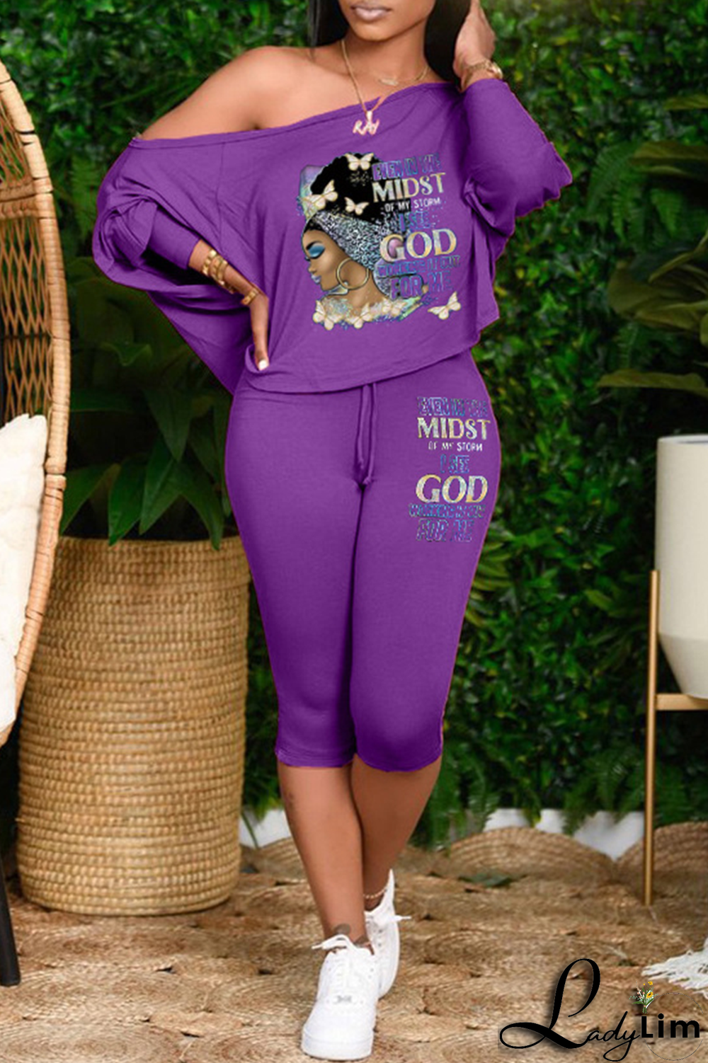 Black Fashion Print Patchwork One Shoulder Long Sleeve Two Pieces