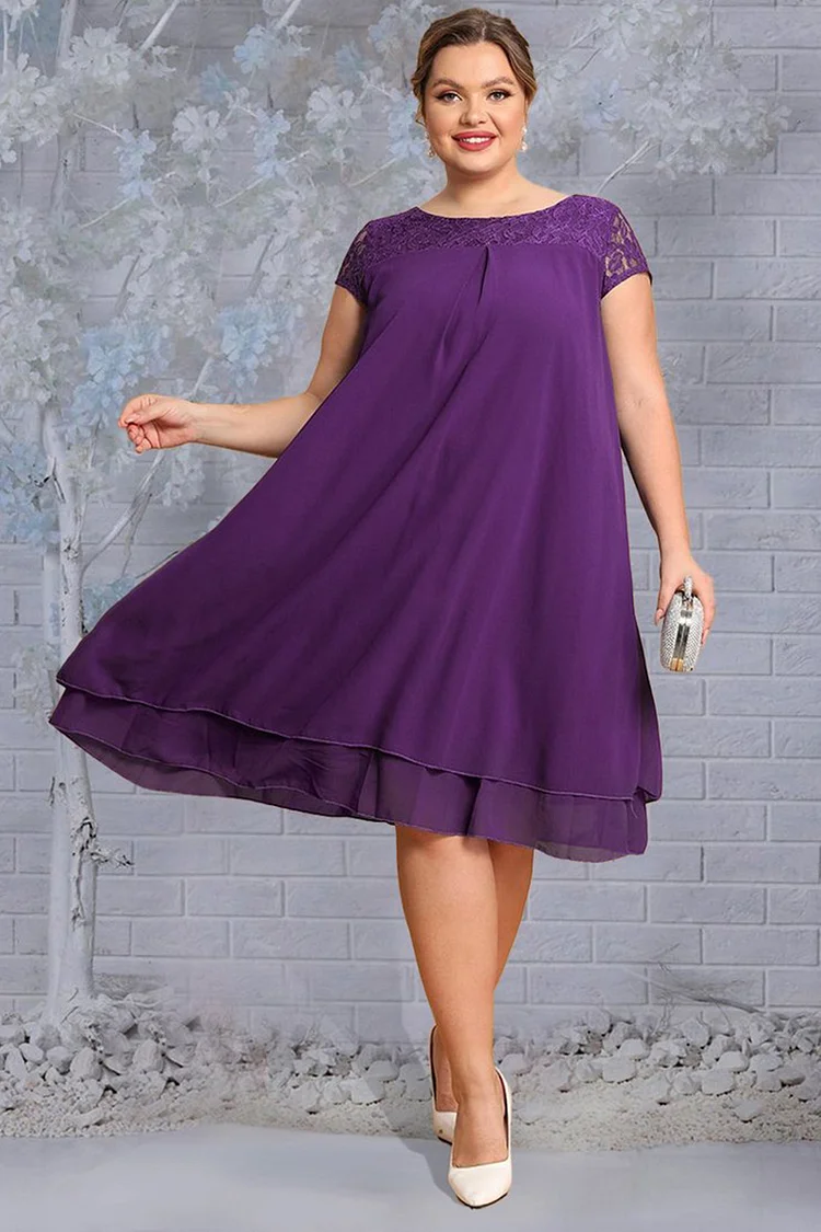 Flycurvy Plus Size Casual Purple Lace Stitching Layered Hem Short Sleeve Midi Dress  Flycurvy [product_label]