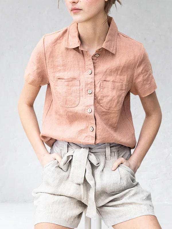 Linen Cotton Blend Short Sleeves Blouse