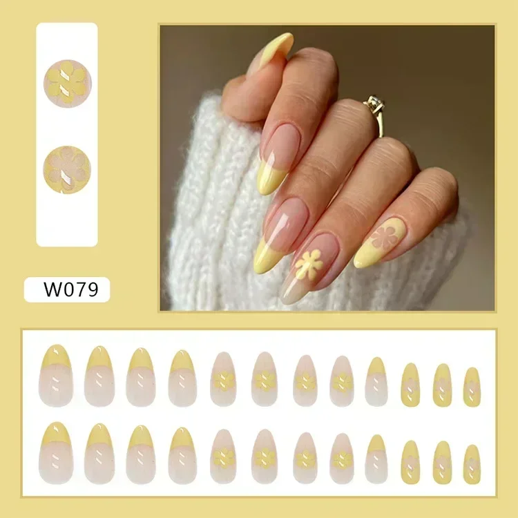 Lidudu French Press on Fake Nails with Flowers Designs Summer Blue Short Almond False Nails Wearable French Full Cover Press on Nails